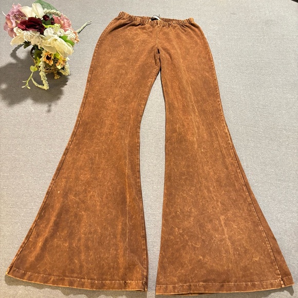 Chestnut Brown Boho Mineral Wash Flared Bell Bottom Stretch Pull On Pants Womens - Picture 4 of 15